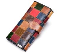 Karoukee Grande Portafoglio da Donna Patchwork Fatto a Mano, Porta Carte di Credito Porta Monete in Vera Pelle Colorata, Pochette Clutch per Cellulare con 3 Finestre ID e Cerniera Scomparto