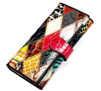 Karoukee Grande Portafoglio da Donna Patchwork Fatto a Mano, Porta Carte di Credito Porta Monete in Vera Pelle Colorata, Pochette Clutch per Cellulare con 3 Finestre ID e Cerniera Scomparto