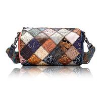 Karoukee Piccola Borsa a Tracolla da Donna Patchwork, Borse a Spalla Retrò in Vera Pelle Goffrata, Borsa a Mano Vintage, Borsetta per Cellulare, Borsa a Botte Moda con Tracolla Regolabile