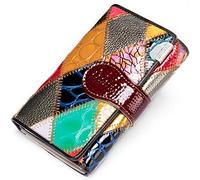 Karoukee Piccolo Portafoglio da Donna in Vera Pelle con Patchwork Colorato Unico Design Porta Carte di Credito Multicolore Portamonete Fatto a Mano con Finestra ID e Cerniera Scomparto