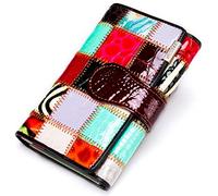 Karoukee Piccolo Portafoglio da Donna in Vera Pelle con Patchwork Colorato Unico Design Porta Carte di Credito Multicolore Portamonete Fatto a Mano con Finestra ID e Cerniera Scomparto