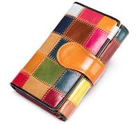 Karoukee Piccolo Portafoglio da Donna in Vera Pelle con Patchwork Colorato Unico Design Porta Carte di Credito Multicolore Portamonete Fatto a Mano con Finestra ID e Cerniera Scomparto