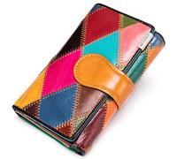 Karoukee Piccolo Portafoglio da Donna in Vera Pelle con Patchwork Colorato Unico Design Porta Carte di Credito Multicolore Portamonete Fatto a Mano con Finestra ID e Cerniera Scomparto