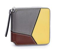 Karoukee Piccolo Portafoglio Donna in Vera Pelle, Portamonete con Design Geometrico a Tinte Piatte, Portacarte con Cerniera, 4 Scomparti per Carte, Tasca Monete - Giallo/Grigio/Marrone