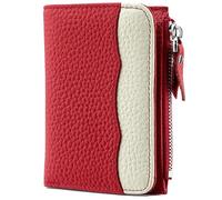 Karoukee Portafoglio Bicolore Donna con Protezione RFID - Portamonete Mini in Vera Pelle Granulata, Borsellino con 5 Tasche Carte + Tasca Zip e Finestra per ID - Rosso & Crema