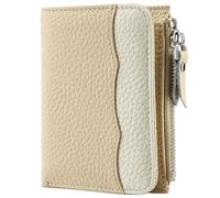 Karoukee Portafoglio Bicolore Donna con Protezione RFID - Portamonete Mini in Vera Pelle Granulata, Borsellino con 5 Tasche Carte + Tasca Zip e Finestra per ID - Beige & Crema