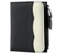 Karoukee Portafoglio Bicolore Donna con Protezione RFID - Portamonete Mini in Vera Pelle Granulata, Borsellino con 5 Tasche Carte + Tasca Zip e Finestra per ID - Nero & Crema