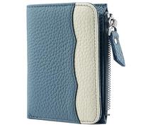 Karoukee Portafoglio Bicolore Donna con Protezione RFID - Portamonete Mini in Vera Pelle Granulata, Borsellino con 5 Tasche Carte + Tasca Zip e Finestra per ID - Blu & Crema