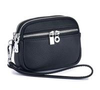 Karoukee Portafoglio da Donna in Vera Pelle con Manico Removibile, Piccolo Portamonete con 3 Scomparti Separati, Elegante Portamonete da Polso in Pelle di Bovino(Nero)