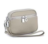 Karoukee Portafoglio da Donna in Vera Pelle con Manico Removibile, Piccolo Portamonete con 3 Scomparti Separati, Elegante Portamonete da Polso in Pelle di Bovino(Grigio)