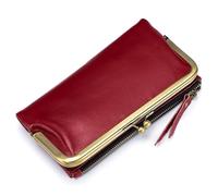 Karoukee Portafoglio Grande Bifold da Donna, Portamonete da Donna in Pelle Cerata ad Olio, Porta Carte di Credito con Blocco RFID, Tasca Clic-Clac e 12 Scomparti per Carte, Hardware in Ottone
