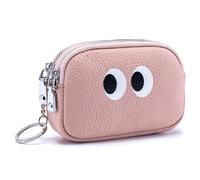 Karoukee Portamonete da Donna in Pelle con Portachiavi, Portafoglio Piccolo a Doppia Zip, Mini Portafoglio Compatta in Pelle Bovina per Denaro/Monete, 2 Scomparti Separati - Rosa