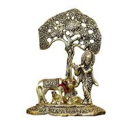 Karrmas Rakhi di design pavone con idolo Krishna che suona il flauto, pacchetto Roli Chawal e biglietto di auguri Raksha Bandhan - Cestino regalo premuroso per fratelli