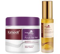 Karseell MACA CARE SYSTEM Set Maschera Capelli Viola Antigiallo 100ml + Siero Olio di Argan Karité 50ml Idratante Riparatore Anticrespo Professionale Capelli Biondi Grigi Decolorati Formato Viaggio
