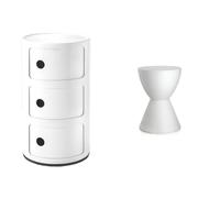 Kartell Componibili Contenitore 3 Elementi, ABS, Base Tonda, Bianco, 32 x 32 x 58.5 cm & Prince Aha Sgabello, Bianco Cera, 30 x 30 x 43 cm