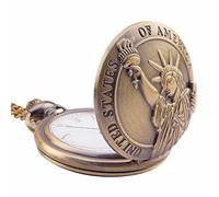 Kartique Orologio da tasca Full Hunter con catena in rilievo con statua della libertà, quadrante con numeri romani e scatola in legno, Marrone, Vintage