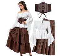 kasahara Abbigliamento medievale da donna, abito rinascimentale, camicetta con spalle scoperte e maxi gonna con corsetto, retrò, costume da fata pirata, costume da strega per Halloween, cameval e LARP