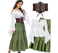 kasahara Abbigliamento medievale da donna, abito rinascimentale, camicetta con spalle scoperte e maxi gonna con corsetto, retrò, costume da fata pirata, costume da strega per Halloween, cameval e LARP