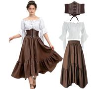 kasahara Abbigliamento medievale da donna, abito rinascimentale, spalle scoperte, camicetta con maniche a tromba e maxi gonna con corsetto, retrò, da fata, pirata, strega, per Halloween, carnevale