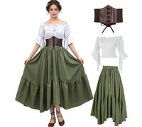 kasahara Abbigliamento medievale da donna, abito rinascimentale, spalle scoperte, camicia con maniche a tromba e maxi gonna con corsetto, retrò, costume da fata pirata, strega, per Halloween