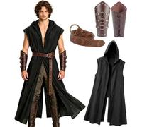 kasahara Costume medievale da uomo, set da 3 pezzi con tunica con cappuccio, cintura medievale e bretelle, costume da vichingo, costume da cavaliere e accessori medievali per feste di Halloween