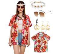 kasahara Hippie Top da donna hawaiani, set da camicetta Flower Power anni '80, camicia vintage da donna anni '90, abbigliamento casual retrò top carnevale costume di carnevale (arancione, L)