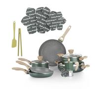 KASANOVA Batteria pentole 12 pezzi Cooking Therapy, Set pentole induzione e padelle antiaderenti, Set con pinza e salvapadella, Batteria pentole con scritta e manici legno