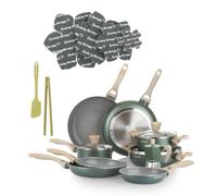 KASANOVA Batteria pentole 18 pezzi Cooking Therapy, Set pentole induzione e padelle antiaderenti con caffettiera, utensili e salvapadella, Batteria verde con scritta e manici legno
