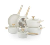 KASANOVA Batteria pentole antiaderenti 10 pezzi Bambù, Padelle e casseruole per induzione e tutti i piani cottura, Set pentole bianco con manici effetto legno