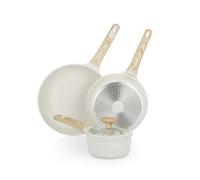 KASANOVA Batteria pentole antiaderenti 4 pezzi Bambù, Padelle e casseruola per induzione e tutti i piani cottura, Set pentole bianco con manici effetto legno