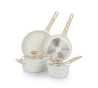 KASANOVA Batteria pentole antiaderenti 6 pezzi Bambù, Padelle e casseruole per induzione e tutti i piani cottura, Set pentole bianco con manici effetto legno