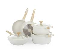 KASANOVA Batteria pentole antiaderenti 8 pezzi Bambù, Padelle e casseruole per induzione e tutti i piani cottura, Set pentole bianco con manici effetto legno