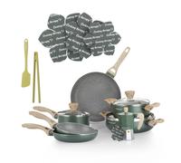 KASANOVA Batteria pentole Cooking Therapy, Set pentole induzione e padelle antiaderenti con paletta, Set cucina completo con scritta al laser e manici effetto legno (16)