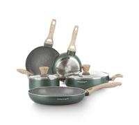 KASANOVA Batteria pentole Cooking Therapy, Set pentole induzione e padelle antiaderenti con paletta, Set cucina completo con scritta al laser e manici effetto legno (7)
