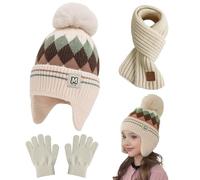 KASESSS 3 Pezzi Ragazze Cappelli Invernali Guanti Sciarpa Set, Cappello Bambino con Paraorecchie, Termica Sciarpa, 3in1 Morbida Beanie Lavorato con Pompon per Ragazzi Ragazze 4-10 Anni, Bianco Sporco