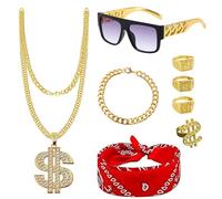 KASESSS 8 Pezzi Kit Costume Hip Hop Accessori Anni '80 e '90, Costume Rapper Accessori Simbolo del Dollaro, Occhiali, Foulard Hip-Hop per Cosplay, Disco Carnevale e Feste a Tema per Donna e Uomo