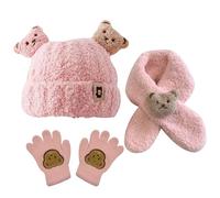 KASESSS Cappello e Scaldacollo Bambino e Guanti Set 3 in 1, Caldo Guanti Cappello e Sciarpa Bambina, Carino Set Cappello Sciarpa Bimba con Motivo Dell'Orso per Attività All'Aperto Inverno (Rosa)
