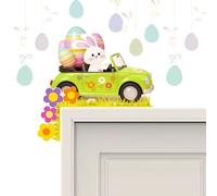 KASESSS Decoración de Esquina de Puerta Pasquale, Pasqua Decorazioni, Coniglio Guidava l'Auto Che Trasportava l'Uovo di Pasqua Decoraciones de Marco de Puerta con Adhesivo Redondo per Festa Deco