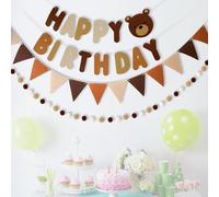KASESSS Decorazioni per Compleanno - Kit Festone Orso Marrone con Bandierine e Pon Pon - Scritta Buon Compleanno