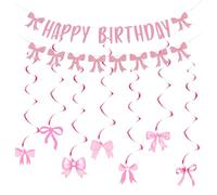 KASESSS Scritta Happy Birthday, Fiocco Rosa Festoni Compleanno, Carino Happy Birthday Decorazioni, Fiocchi Rosa Festone Buon Compleanno, Decorazioni a Spirale, Decorazioni Compleanno per Donna Bambina