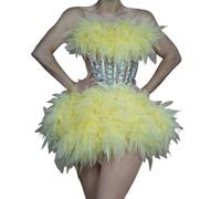 KASFDBMO 2 pezzi abiti da palcoscenico senza maniche strass piumato tubo top gonne set drag queens costumi foto puntelli scena scena costumi drag, Giallo, L
