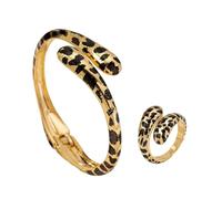KASFDBMO Lega Leopard Pattern Jewelry Set Regolabile Apertura Bangle e Anelli per Le Donne Alla Moda Animale Stampa Accessori Leopard Pattern Gioielli