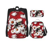 Kashinn Set di zaini 3 in 1 di alta qualità con fiore rosso e margherita bianca con borsa per il pranzo e astuccio, borsa portatile