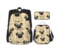 Kashinn Set zaino 3 in 1 con stampa di carlino, borsa per il pranzo e astuccio portatile