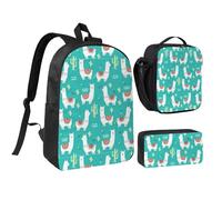 Kashinn Set zaino con borsa per il pranzo e astuccio carino bianco stampa lama e cactus tessuto Oxford portatile utile borsa set
