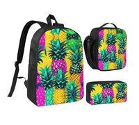 Kashinn Set zaino con borsa per il pranzo e astuccio colorato stampa ananas tessuto Oxford portatile utile borsa set