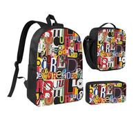 Kashinn Set zaino con borsa per il pranzo e astuccio con lettere e numeri, in tessuto Oxford, portatile, utile