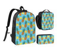 Kashinn Set zaino con borsa per il pranzo e astuccio con stampa ananas fresca in tessuto Oxford portatile utile borsa set