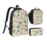 Kashinn Set zaino con borsa per il pranzo e astuccio con stampa di cactus in tessuto Oxford portatile utile borsa set