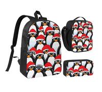 Kashinn Set zaino con borsa per il pranzo e astuccio con stampa di pinguini natalizi in tessuto Oxford portatile utile borsa set